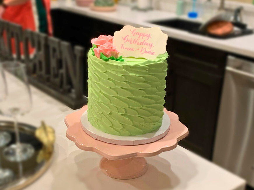 A custom-decorated cake in greens and pinks from Over the Rainbow Desserts in Palm Springs.