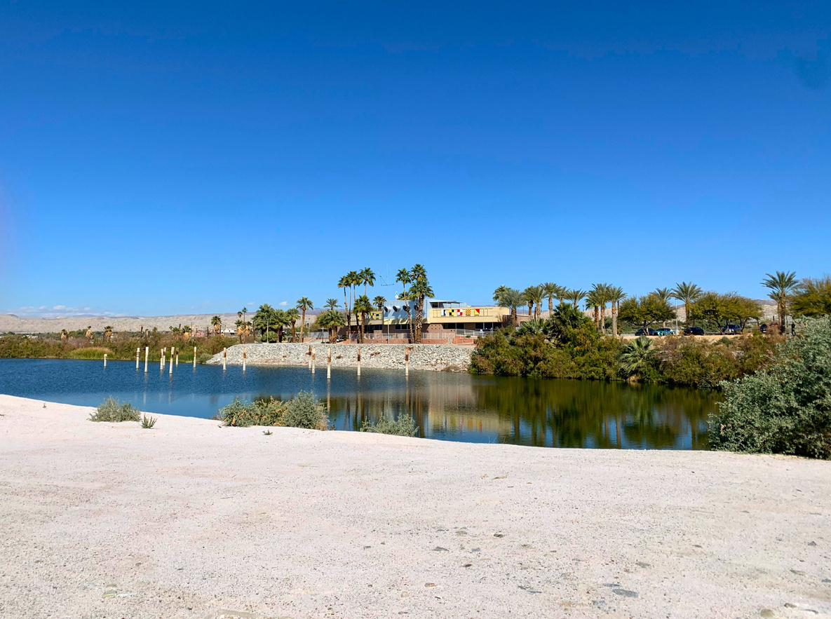 A view of the Salton Sea,  shoreline and adjacent North Shore Beach & Yacht Club in Mecca.