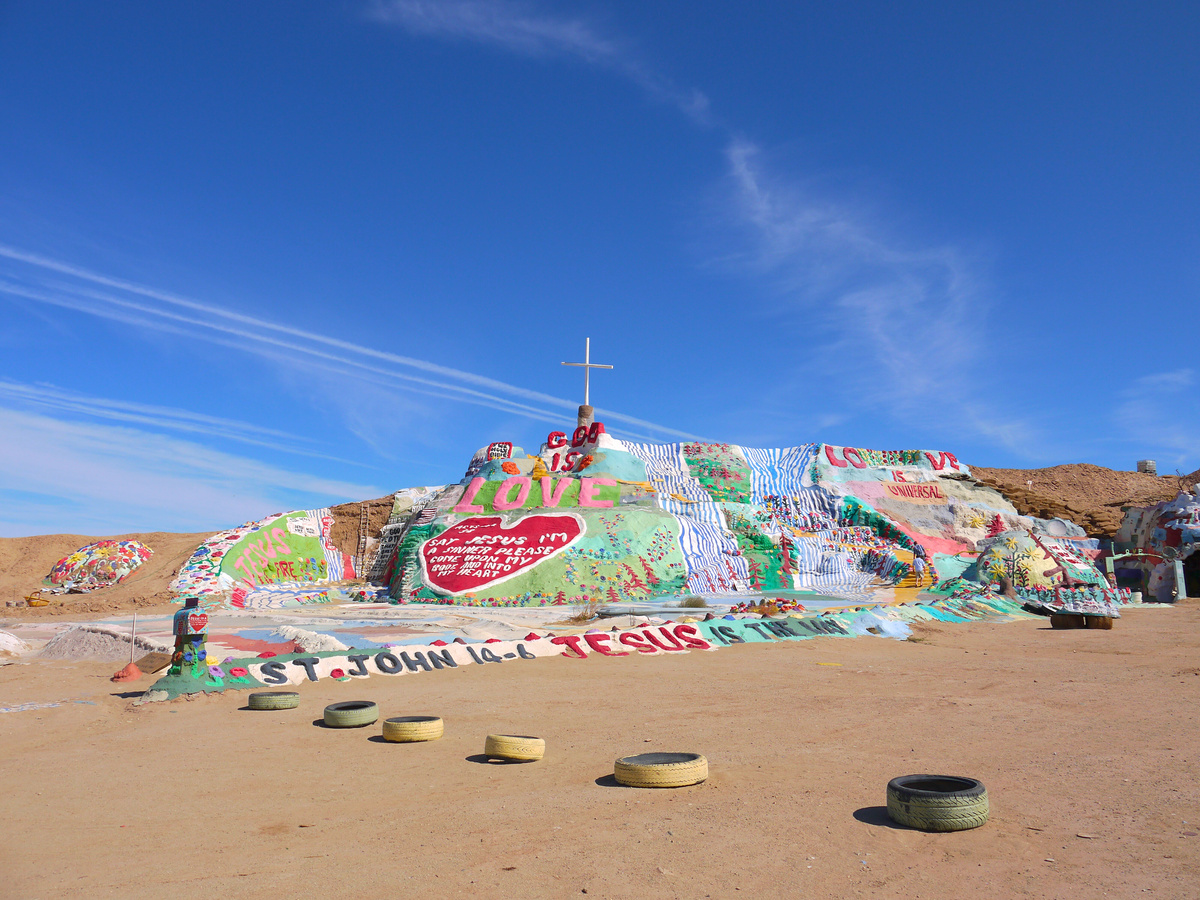 A full view of the colorful Salvation Mountain in Niland and its "God Is Love" message.