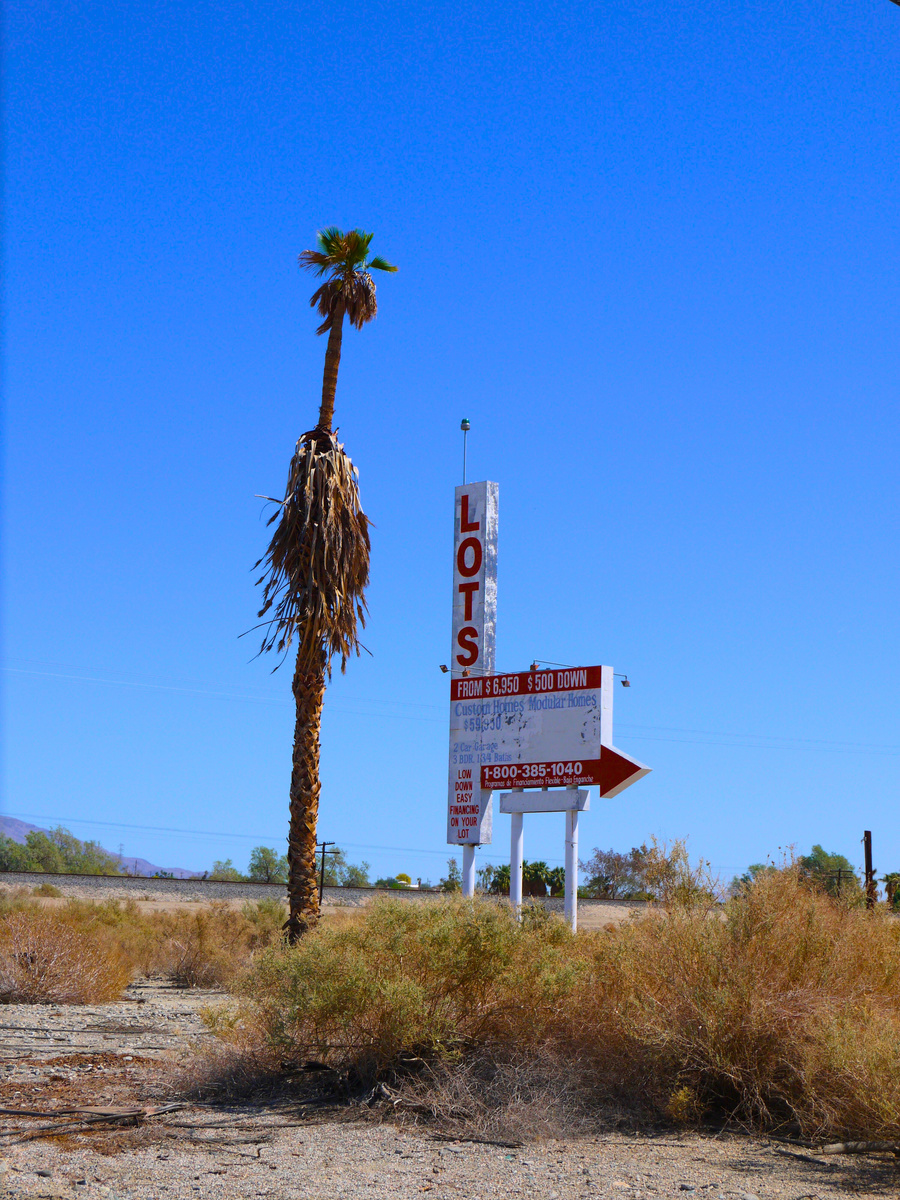 An old sign advertising lots for sale at the Salton Sea.