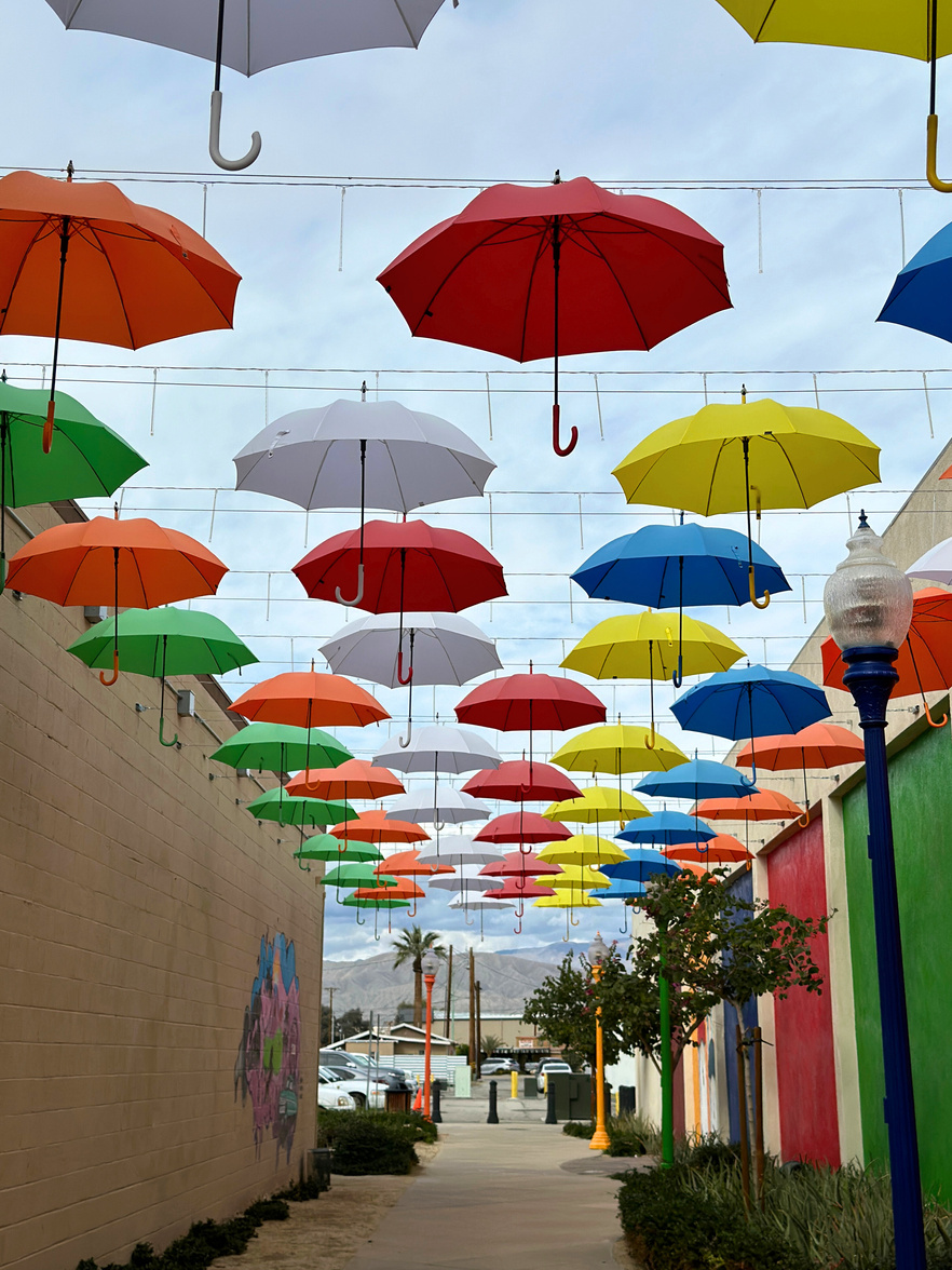 The colorful Happy Alley umbrella-covered alleyway in downtown Indio.