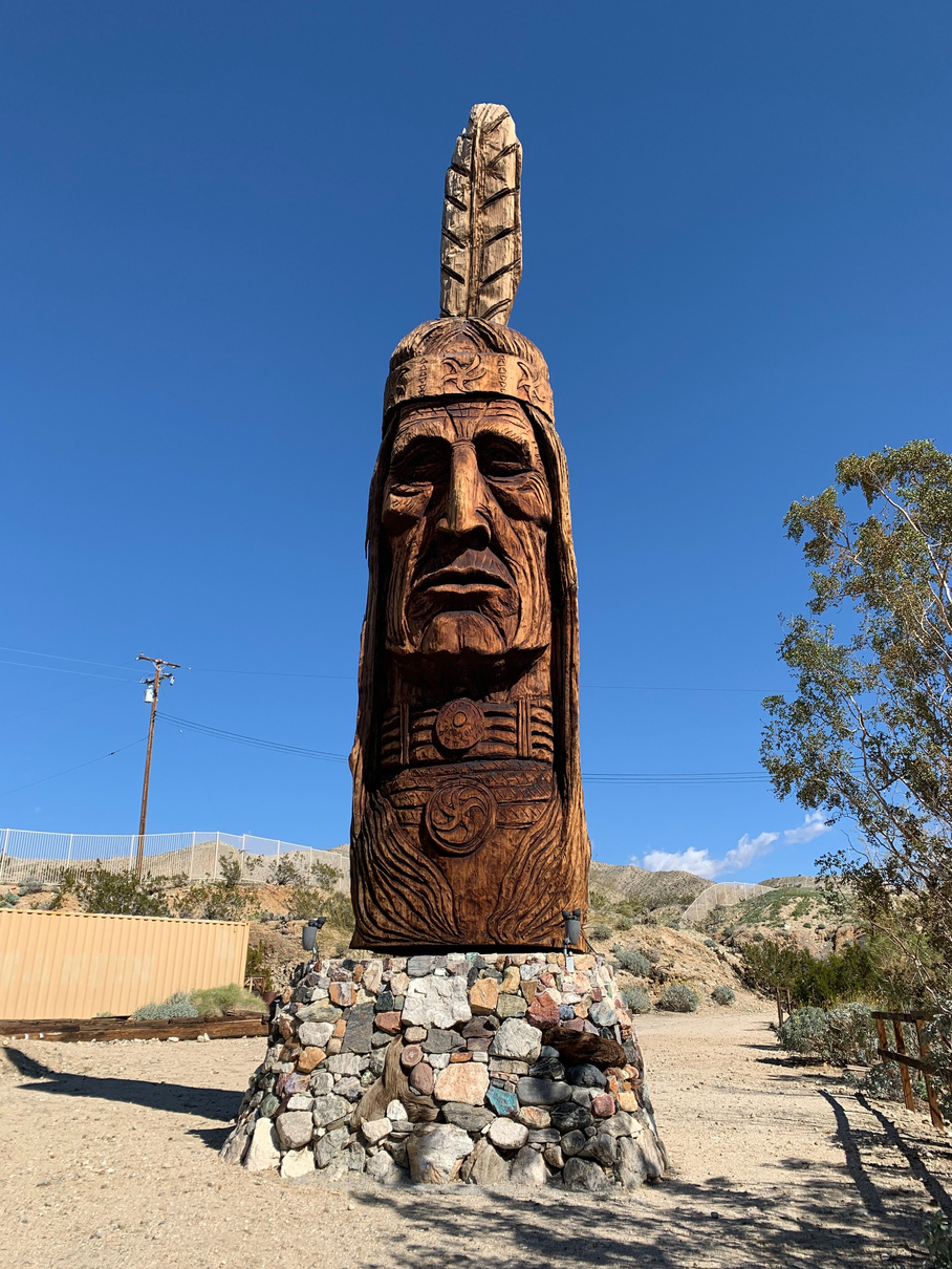 The famous Native American carved wooden bust on display at Cabot's Pueblo Museum in Desert Hot Springs.