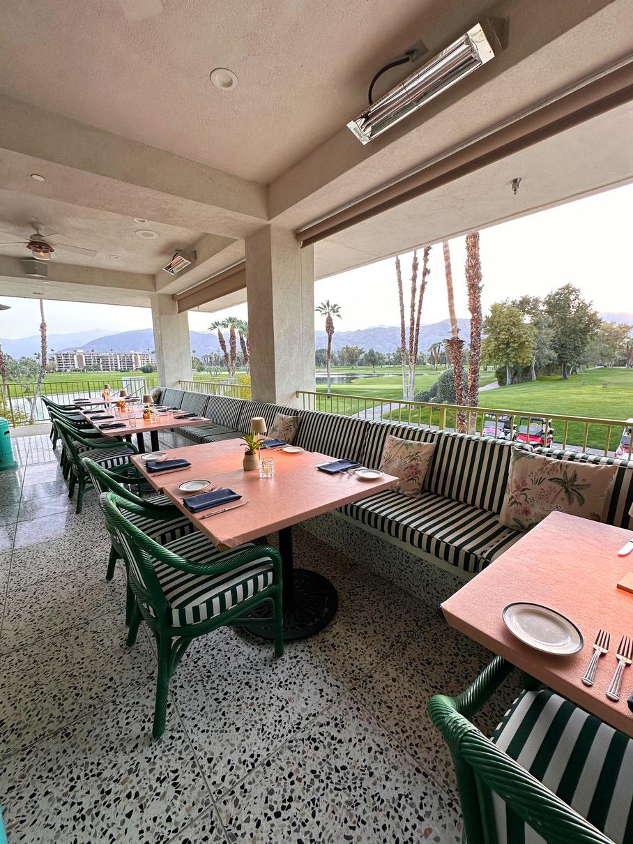 The patio at The Penney restaurant overlooking the Desert Island golf course in Rancho Mirage.