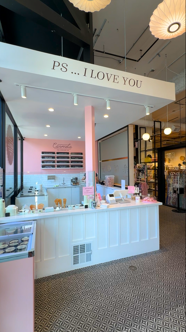 The pink and white counter of Carmela Ice Cream store at the Flannery Exchange in Palm Springs.