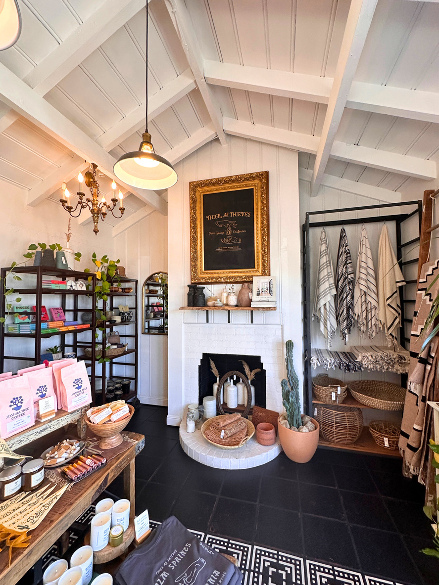 The trendy interior of Thick As Thieves gift shop in Palm Springs, showing a fireplace and shelving filled with goods.